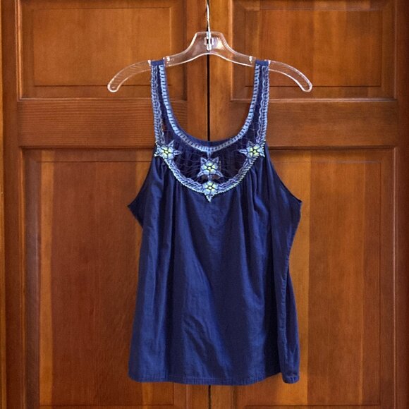 Free People Blue Tank Top Embroidered Green and Light BLue Flowers - Size Large - Picture 5 of 9